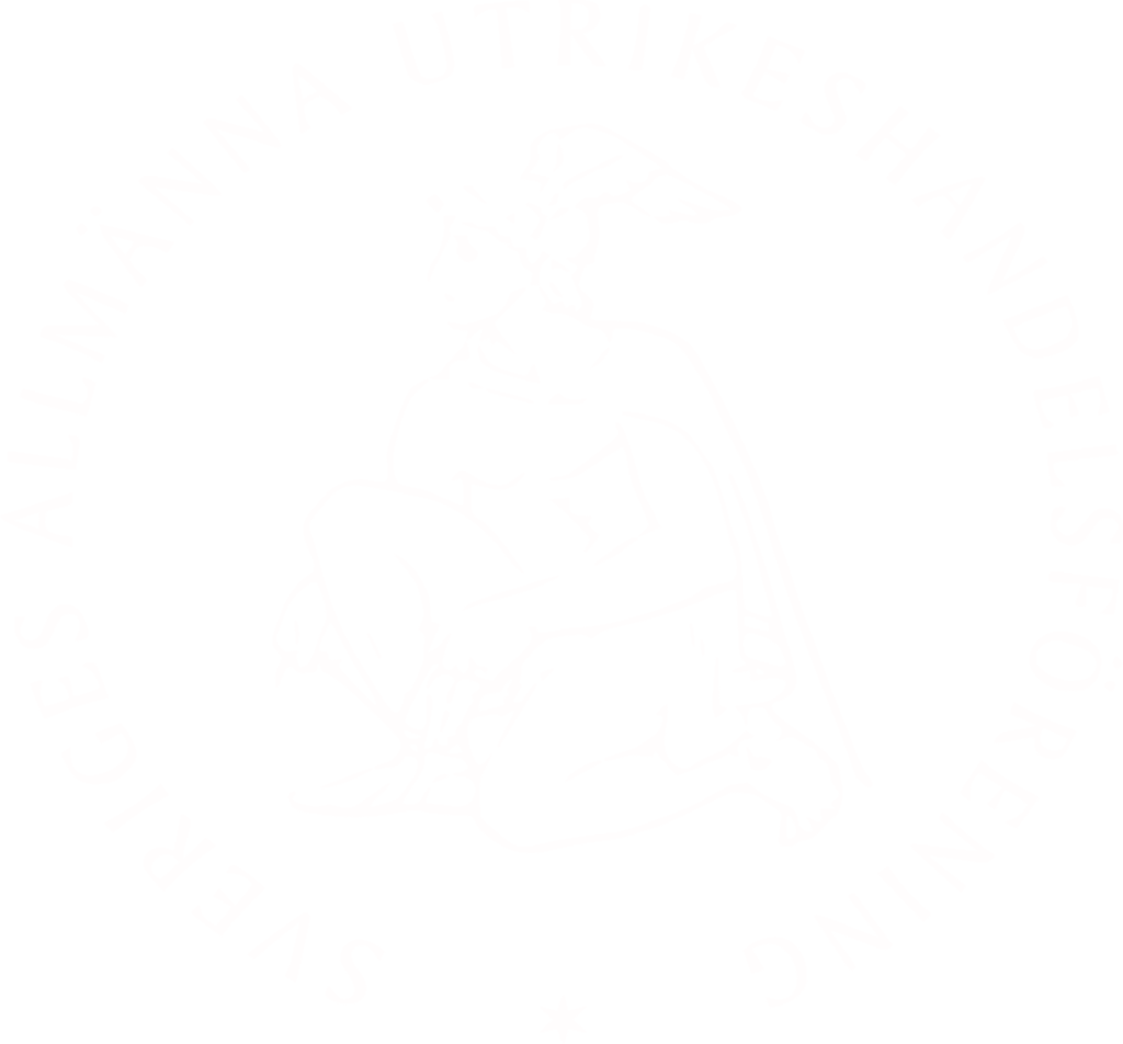 Utrikeshandelsföreningen logotyp, vit text med figur i mitten i form av en riddare